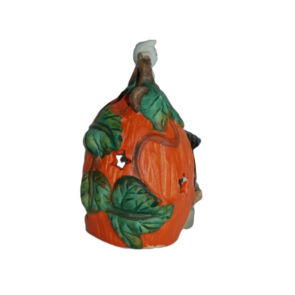VINTAGE 4.5”x3.5” HALLOWEEN TEA LIGHT CANDLE HOLDER PUMPKIN HOUSE WITH GHOST - Picture 2 of 7